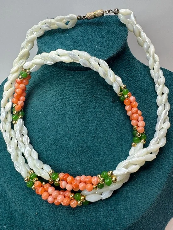Vintage Mother Of Pearl Angel Skin Coral & Jade Bead Braided Necklace - Picture 4 of 8